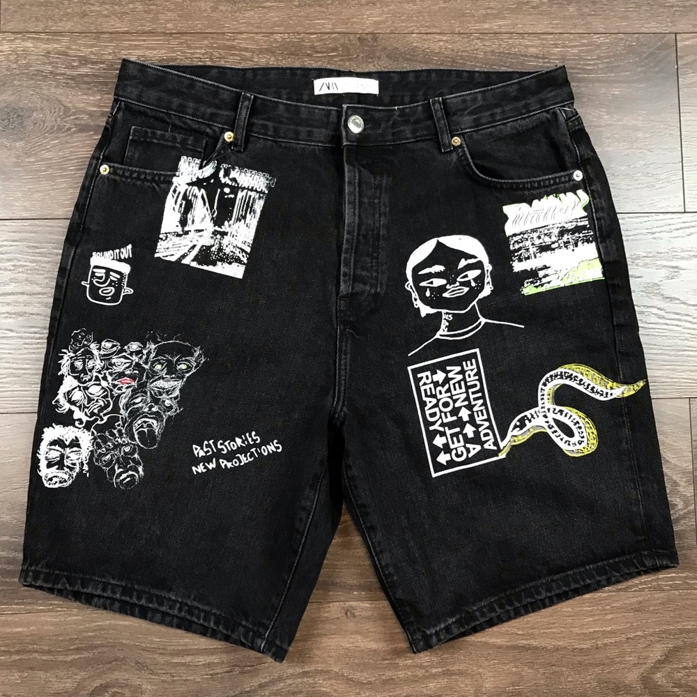 Zara Radical Variation Men’s Graffiti Hypebeast Black Jean Shorts Size 36 NEW